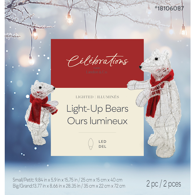 Celebrations by L&CO Set of 2 Lighted Bears with Red Scarves