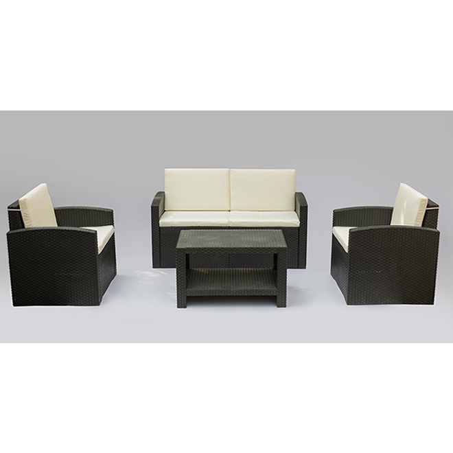 Ensemble de mobilier extérieur Infinity en résine tressée brune avec coussins en lin blanc inclus, 4 pièces