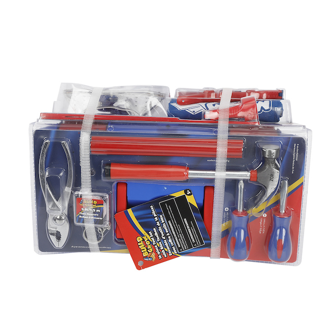 Build and Grow Toy Toolbox Kit for Kids - 16 Pieces - Red and Blue