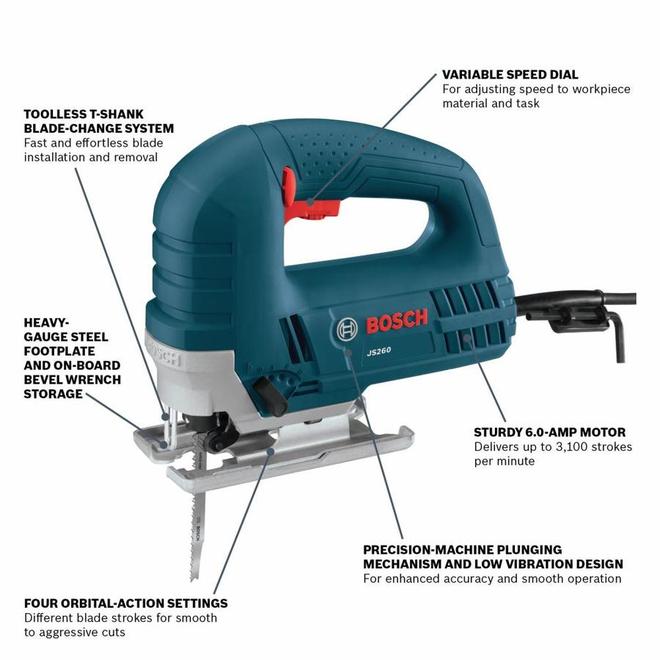 Bosch Top-Handle Corded Jigsaw with Carrying Case 6-Amp Motor 3100 SPM 4 Orbital Setting and Variable Speed