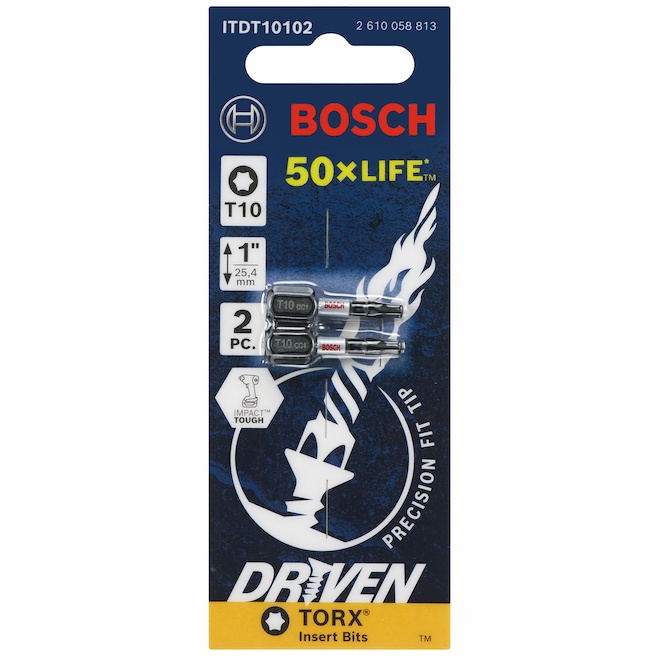 Bosch Steel 1-in T10 Torx Impact Driver Bits - 2 Pieces - Hex Shank