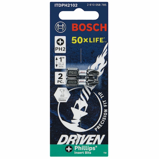 Bosch Impact Driver #2 Phillips 1-in 2-Bit Set - Steel - Hex Shank