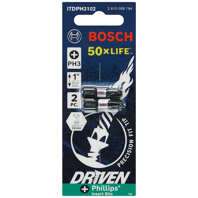 Bosch Impact Driver 1-in Steel #3 Phillips 2-Bit Set - Hex Shank