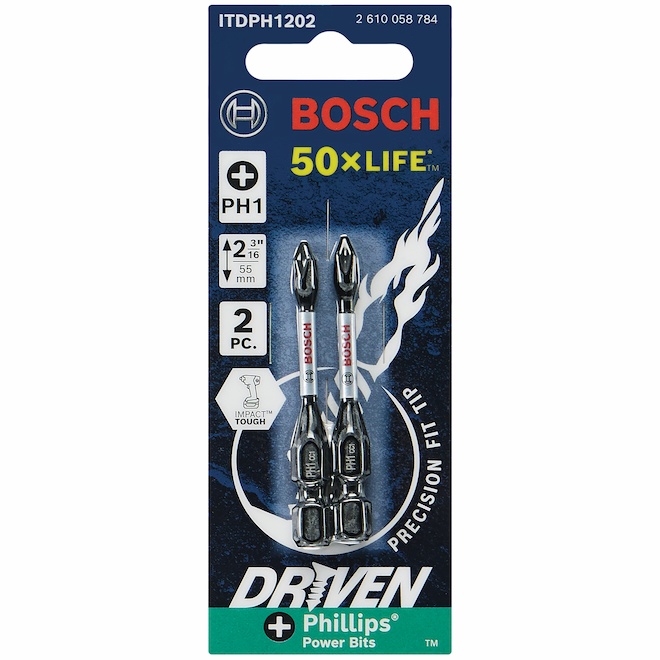 Bosch Impact Drill/Driver 2-in Steel #1 Phillips 2-Bit Set - Hex Shank