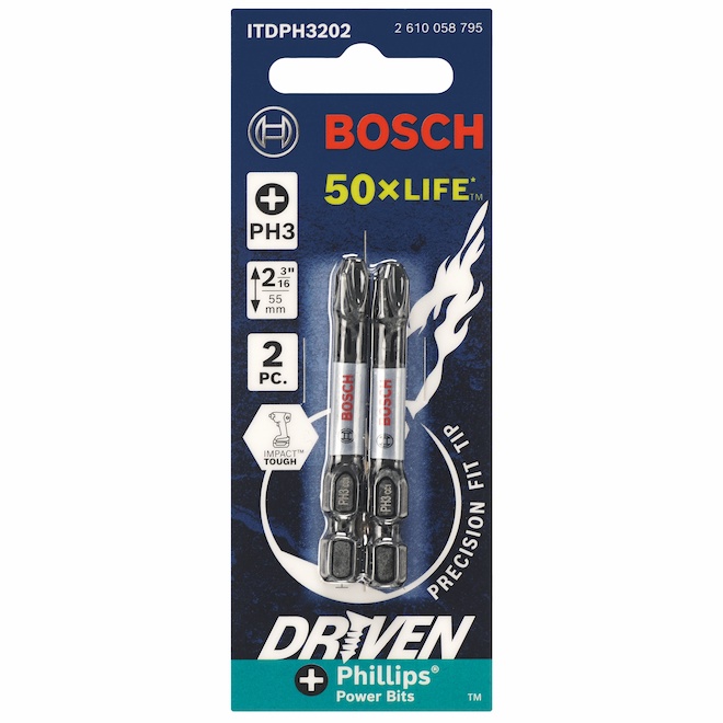 Bosch Impact Drill/Driver 2-in #3 Phillips 2-Bit Set -  Steel - Hex Shank