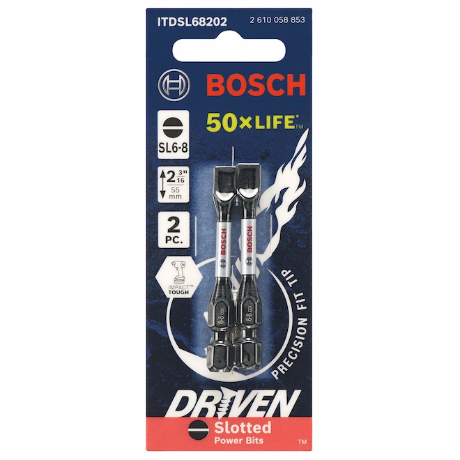 Bosch Impact Rotative Tools 2-in Steel #6-#8 Flat Blade Screwdriver Bits - Hex Shank - 2 PCS