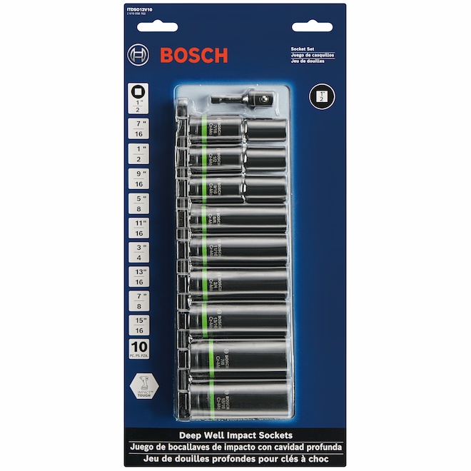 Ensemble de douilles longues 1/2 po en acier pour clé à chocs Impact Tough de Bosch, 10 pièces