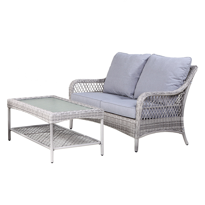 allen + roth Parkview Wicker Outdoor Loveseat and Coffee Table with Grey Metal Frame and Light Grey Cushions