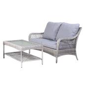 Allen + Roth Parkview Wicker Outdoor Loveseat and Coffee Table Grey Metal Frame and Light Grey Cushions