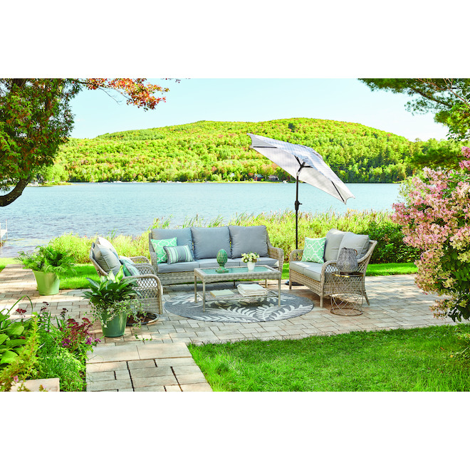 Allen + Roth Parkview Wicker Outdoor Loveseat and Coffee Table with Grey Metal Frame and Light Grey Cushions