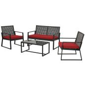 Allen + Roth Ainsley 4-Piece Steel Frame Patio Conversation Set with Niuchen Fabric Cushions - Red and Black