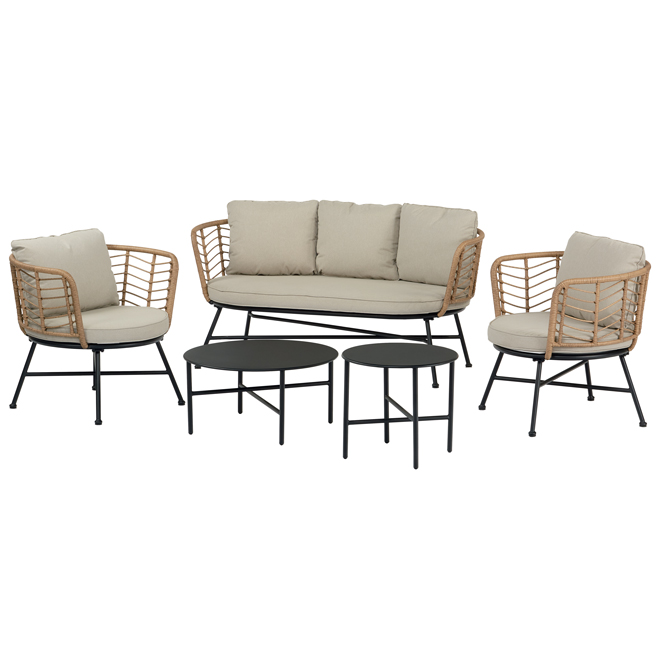 allen + roth Victor Wicker Patio Conversation Set with Black Metal Frame and Off-White Cushions - 5-Piece