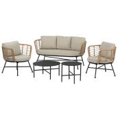 Allen + Roth Wanderlust Wicker Patio Conversation Set with Black Metal Frame and Off-White Cushions - 5-Piece
