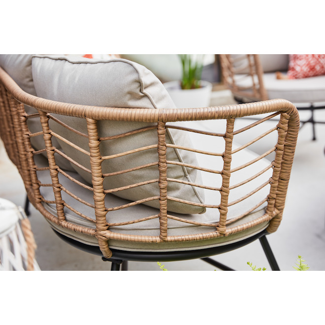 allen + roth Victor Wicker Patio Conversation Set with Black Metal Frame and Off-White Cushions - 5-Piece