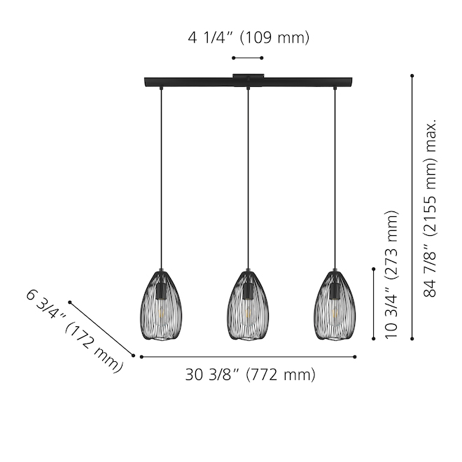 Eglo Clevedon 3-Light Pendant Fixture - Black - 60 W Type E26 Bulbs (not included) - Dimmable