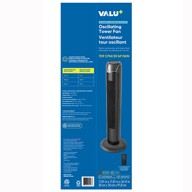 VALU+ Tower Oscillating Fan 36-in with Remote - Black
