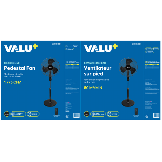 VALU+ Pedestal Fan for Air Circulation 18-in 1773 CFM with Remote - Black