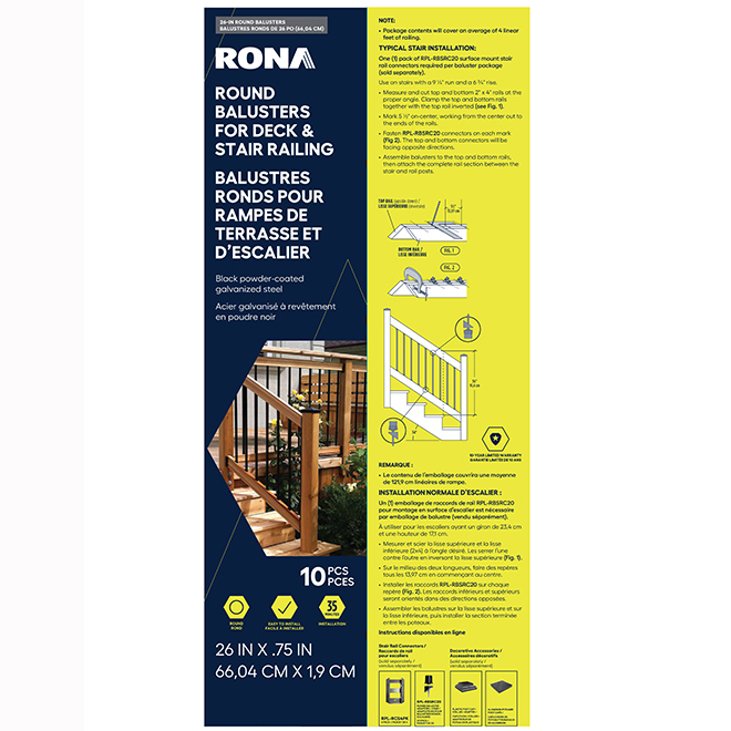 RONA Round Bars for Railing Classic Style in Black Steel - 3/4 x 26-in - Pack of 10