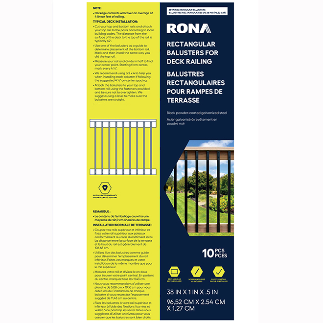 RONA Rectangular Bars for Railing Classic Style in Black Steel - 3/4 x 38-in - Pack of 10