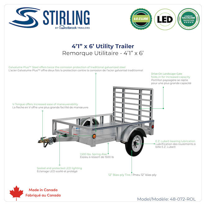 Stirling Trailers Galvalume Steel Utility Trailer 4-ft x 6-ft with Ramp Gate