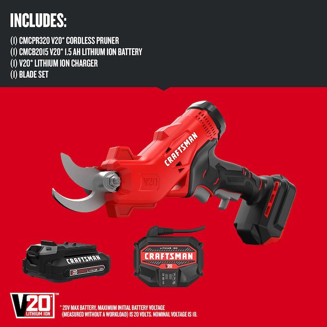 CRAFTSMAN 20 V Cordless Pruner w/ 1.5 Ah Battery and Charger