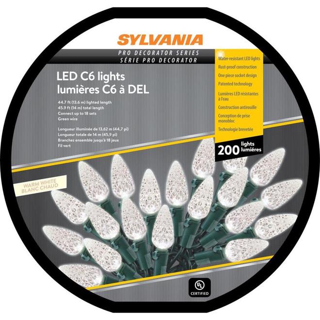Sylvania Christmas String Lights - 200-Count LED C6 - Indoor Outdoor - Warm White
