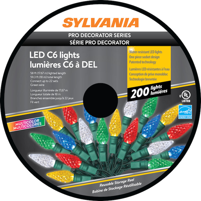 Sylvania Christmas String Lights - 200-Count LED C6 - Indoor Outdoor - Multi-Colour