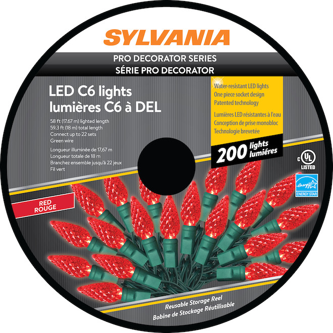 Sylvania 200-Count Indoor/Outdoor Red C6 LED Christmas String Lights  V58383-C02