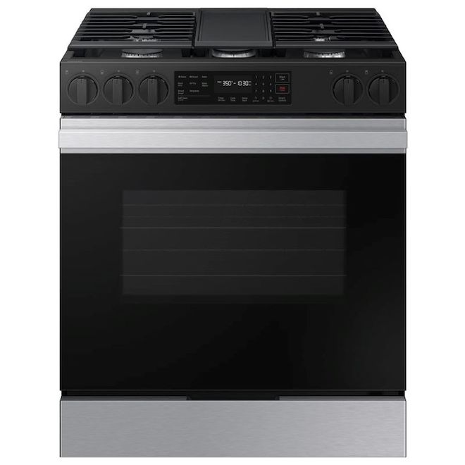 Cuisinière à gaz encastrable à convection Samsung 30 po autonettoyant 6 pi³ 5 brûleurs friture à l'air, acier inoxydable