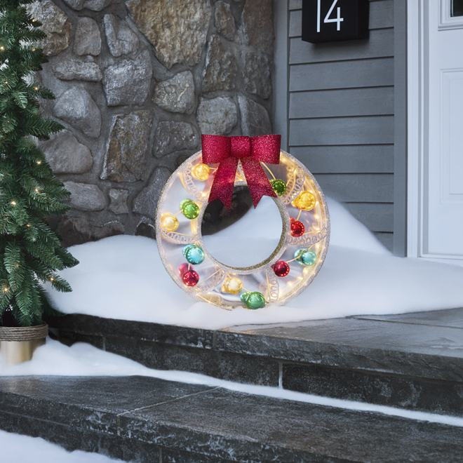 Celebrations by L&CO 20-in Lighted Christmas Wreath with Ornaments and Mirrored Background