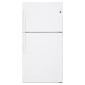 Réfrigérateur à congélateur en haut GE avec tablettes de verre étanches et 2 tiroirs, 33 po, 21,2 pi³, blanc