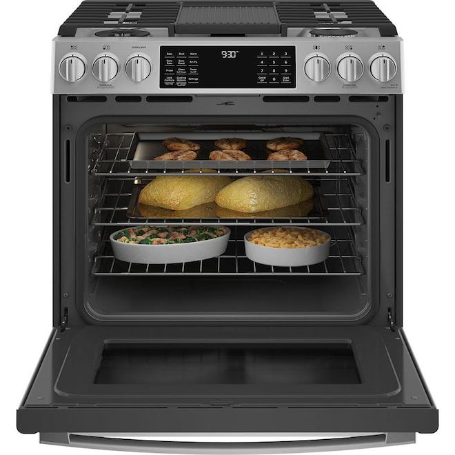 Cuisinière biénergie GE Profile à convection avec friture à air et autonettoyage, 5 brûleurs, 30 po, inox