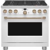 Cuisinière à gaz GE Café à 6 brûleurs avec convection et nettoyage à vapeur, 36 po, blanc