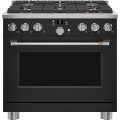 Café 36-in Smart Commercial-Style Single Oven Gas Range - 6-Burner - Steam-Clean - Matte Black