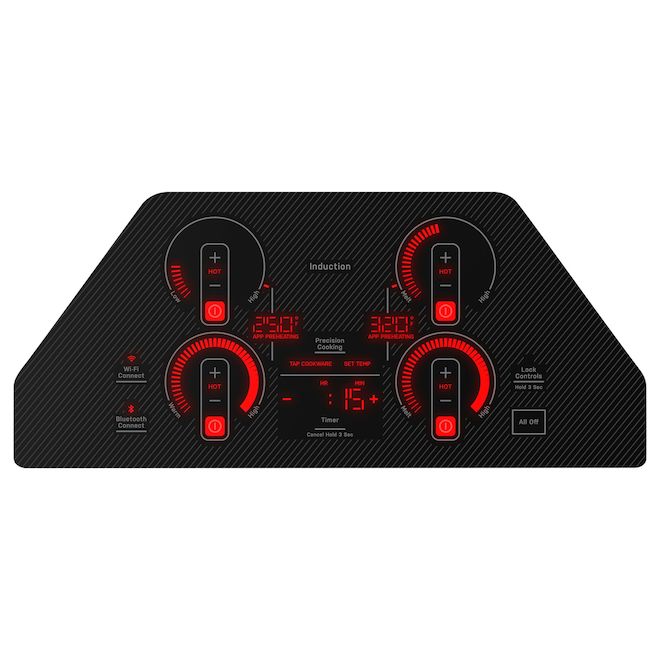 Table de cuisson à induction encastrée noire 30 po GE Profile, 4 éléments, Wi-Fi, commandes tactiles, noire