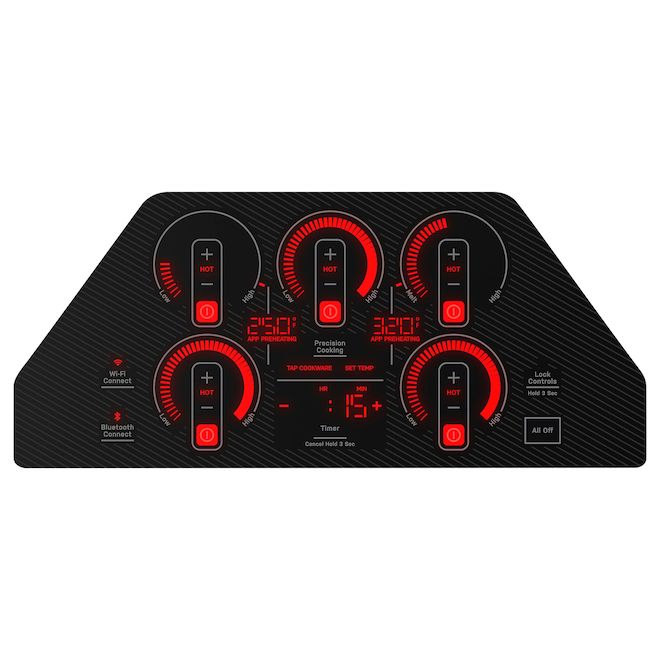 Table de cuisson à induction encastrée noire 36 po Wi-Fi GE Profile, 5 éléments, commandes tactiles coulissantes, noire