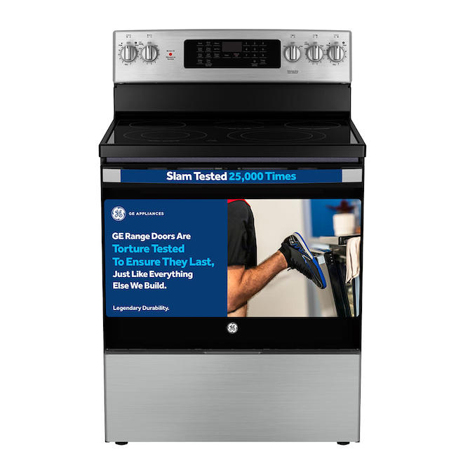 GE 30-in Smooth Surface 5 Elements Self-Clean Oven Freestanding Electric Range Stainless Steel