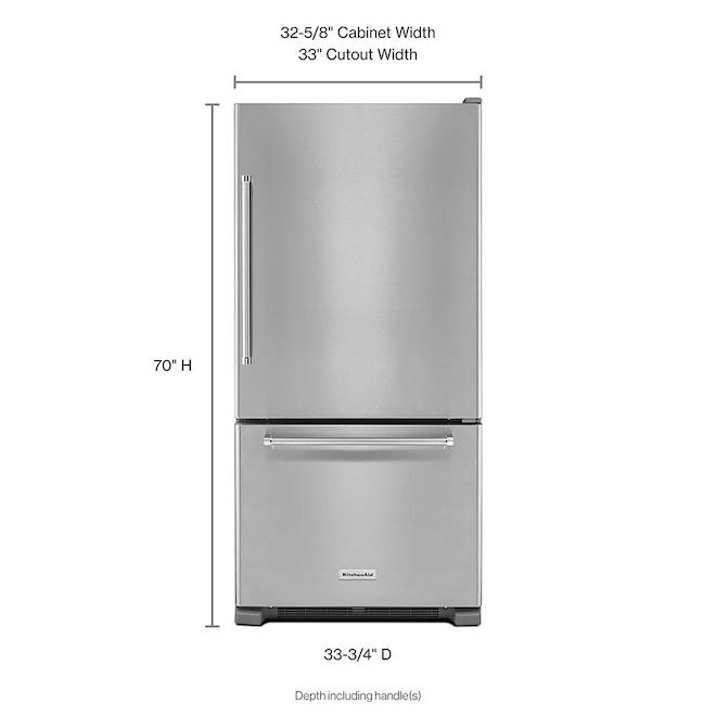 Kitchen Aid 33-in Bottom-Freezer Refrigerator - 22 cu. ft. - Stainless Steel