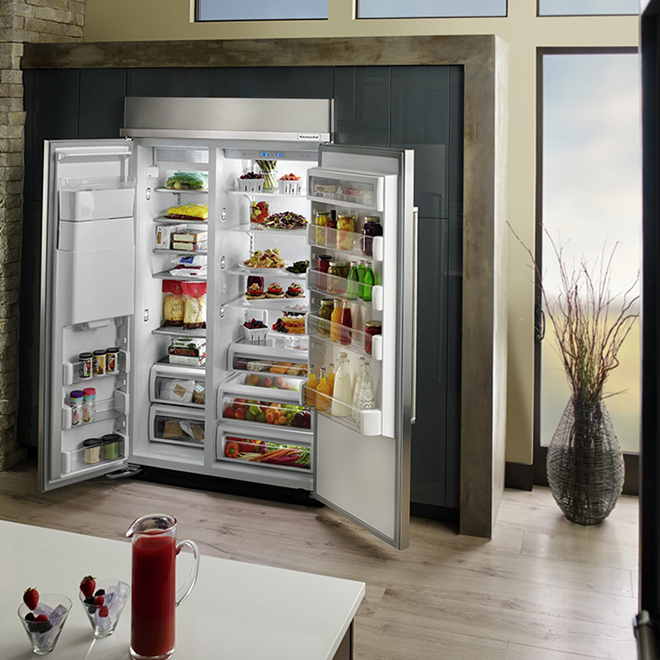 KitchenAid 48 in. W 30 cu. ft. Built-In Side by Side Refrigerator in  Stainless Steel with PrintShield KBSN708MPS - The Home Depot