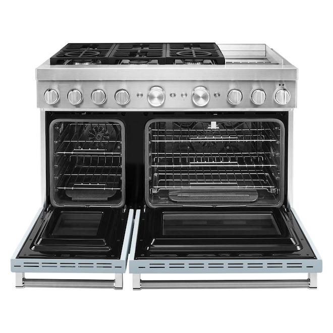 Cuisinière biénergie intelligente KitchenAid, encastrée, bleu brumeux, à deux fours