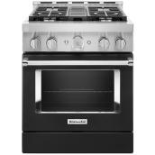 Cuisinière à gaz style commercial KitchenAid, 30 po, 4 brûleurs, noir et acier émaillé, électroménager intelligent