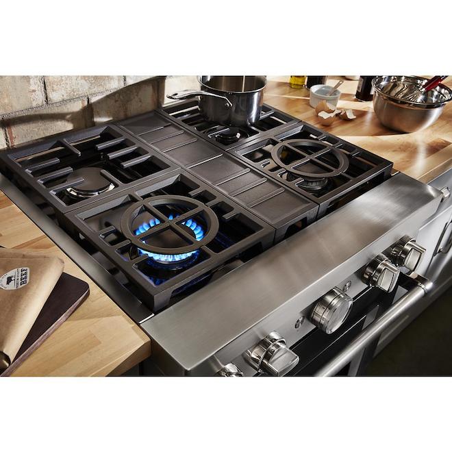 Cuisinière à gaz style commercial KitchenAid, 30 po, 4 brûleurs, noir et acier émaillé, électroménager intelligent