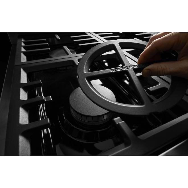 Cuisinière à gaz style commercial KitchenAid, 30 po, 4 brûleurs, noir et acier émaillé, électroménager intelligent