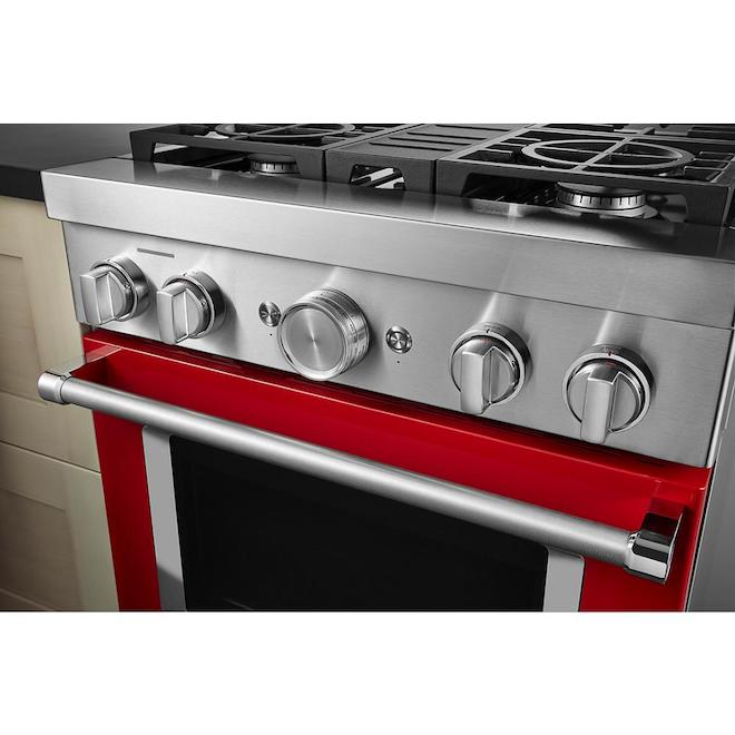 Cuisinière à gaz KichenAid, 30 po, 4 brûleurs, rouge passion, autoportante