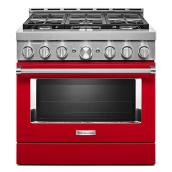 Cuisinière à gaz biénergie KitchenAid, 6 brûleurs, commande vocale intelligente, porte à verrou, autoportante, rouge