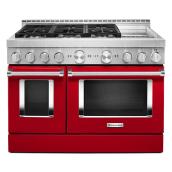 Cuisinière à gaz avec plaque chauffante KitchenAid, rouge passion, 6 brûleurs, 48 po. l.