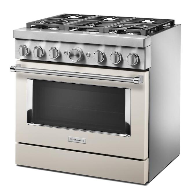 Cuisinière biénergie KitchenAid, 6 brûleurs, bleu brumeux, 36 po l., autoportante