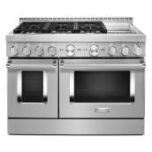 Cuisinière à gaz KitchenAid, 6 brûleurs, 2 fours, 48 po, 6,3 pi³, acier inoxydable, allumage Flame-Sensing