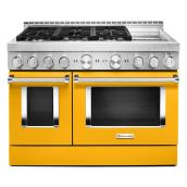 Cuisinière à gaz KitchenAid, 6 brûleurs, 2 fours, 48 po l., 6,3 pi³, poivron jaune, boutons rotatifs