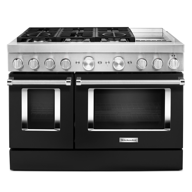 Cuisinière biénergie KitchenAid, 48 po l., 6 brûleurs, plaque chauffante intégrée, noir impérial